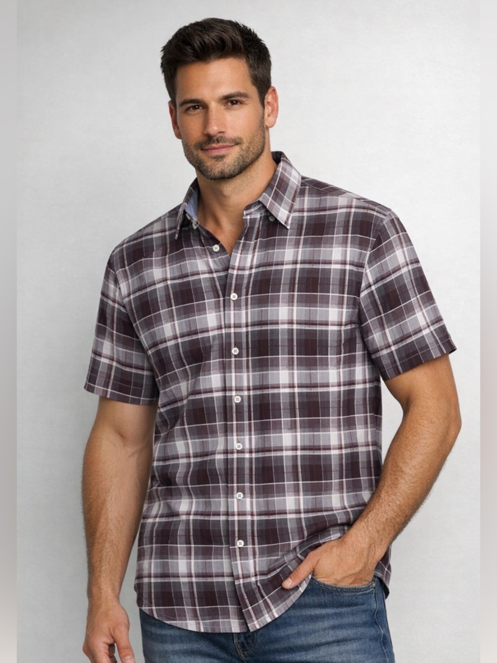 Tommy Hilfiger Brown and White Plaid Short-Sleeve Button-Down Shirt